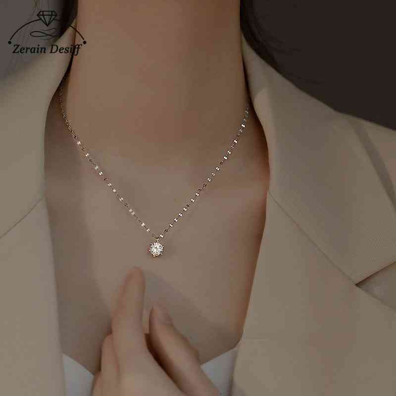 

925 Silver Single Diamond Necklace Female Simple Design Sense Clavicle Chain Niche Light Luxury Jewlery Charms Pendant