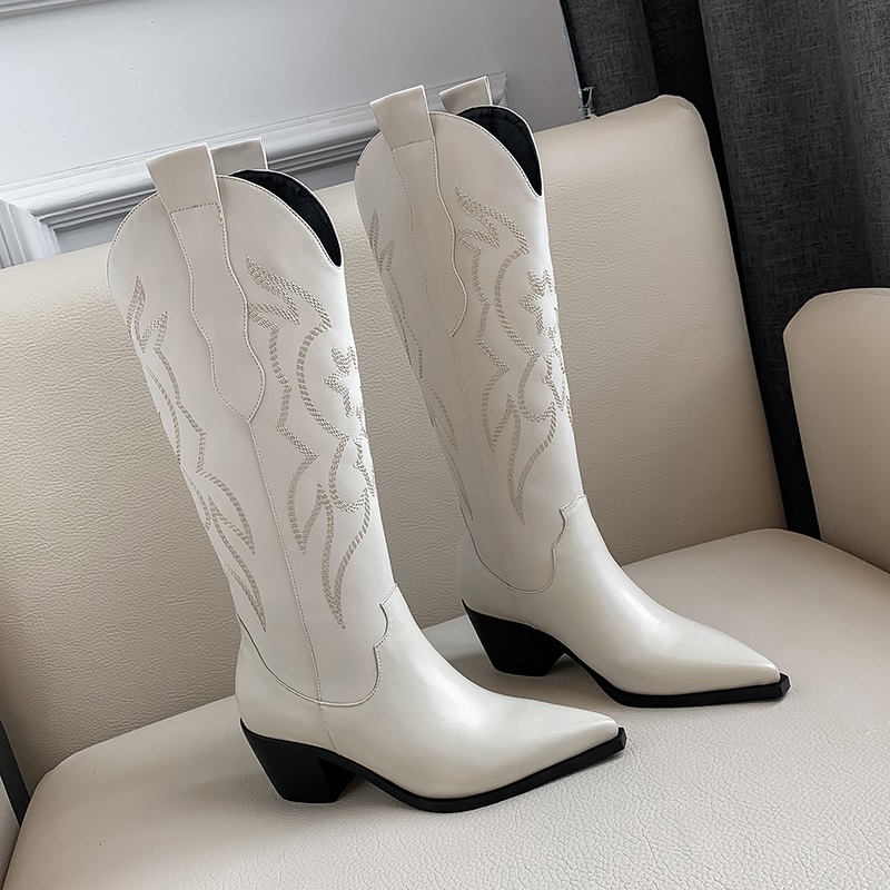 

2020 new INS women shoes punk high heels wedges long boots lady riding cowboy boots winter design pointed toe knee high, Black