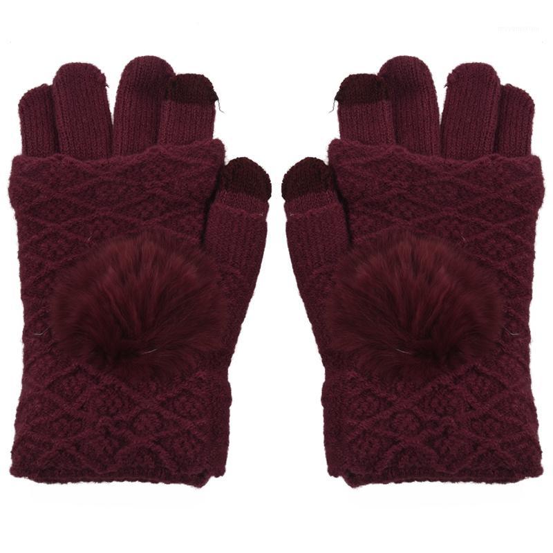 

Finger knitted touch screen gloves thicken and warm in winter Jujube Red1