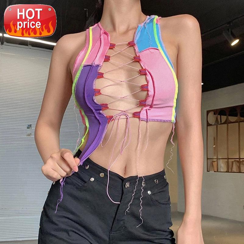 

Hollow Out Ribbed Knitting Crop Tops Clubwaer Party Wear Colorful Tank Top Bandage Female Sexy Ladies Tank Camisole Vest Women #fA4o, White