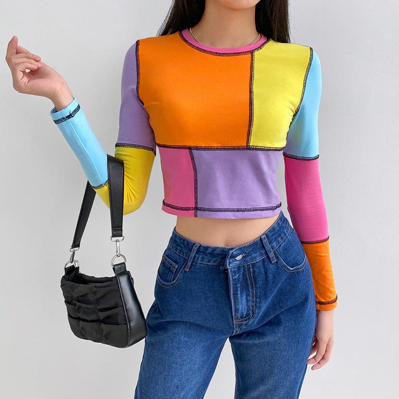 

SEASONS Colorful Vintage T-Shirt Aesthetic Women Autumn Long Sleeve Casual Crop Top Harajuku Patchwork Tee Shirts 90s ASTS82138, Multi