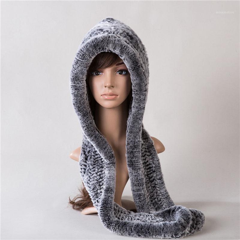 

2020 Winter Real Rex Fur Hat With Scarf Knitted Women Fashion Ladies Round Scarves And Hats High Quality Winter Cap1, White