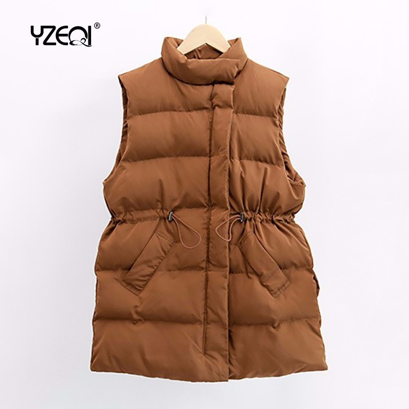 

Yzeqi New Arrivals Fashion Winter Vest Women Warm Long Sleeveless Jacket Casual Down Cotton Vests Waistcoat Gilet Femme 210204, Beige