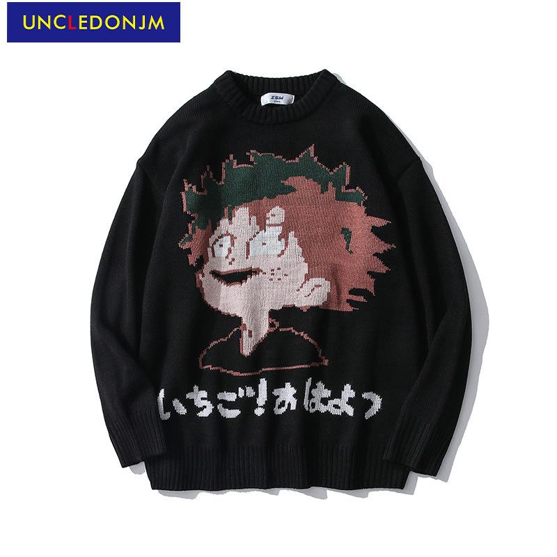 

UNCLEDONJM Cartoon sweater men's loose Pullover korean fashion anime sweater Preppy Style knit couple clothes ZSM-1287, Black
