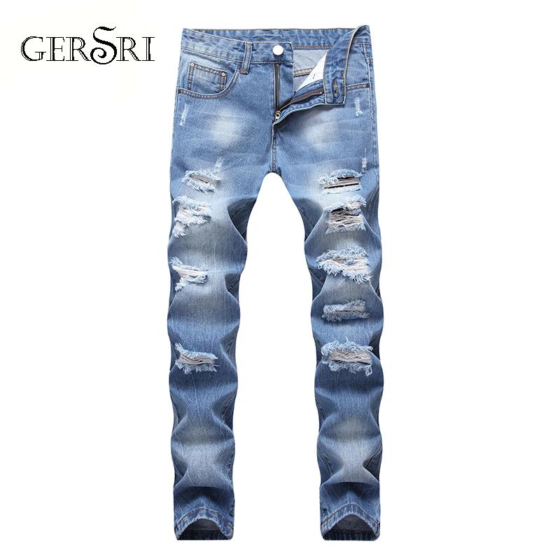 

Gersri Men's Pleated Biker Jeans Pants Slim Fit Designer Motocycle Denim Trousers For Male Hole Destroyed Cotton Jeans, Blue
