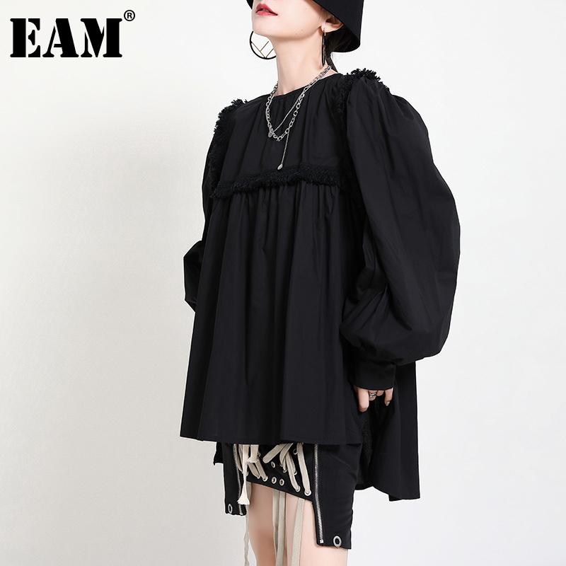 

EAM] Women Black Irregular Pleated Blouse New Round Neck Long Sleeve Loose Fit Shirt Fashion Tide Spring Autumn 2020 1DD0403