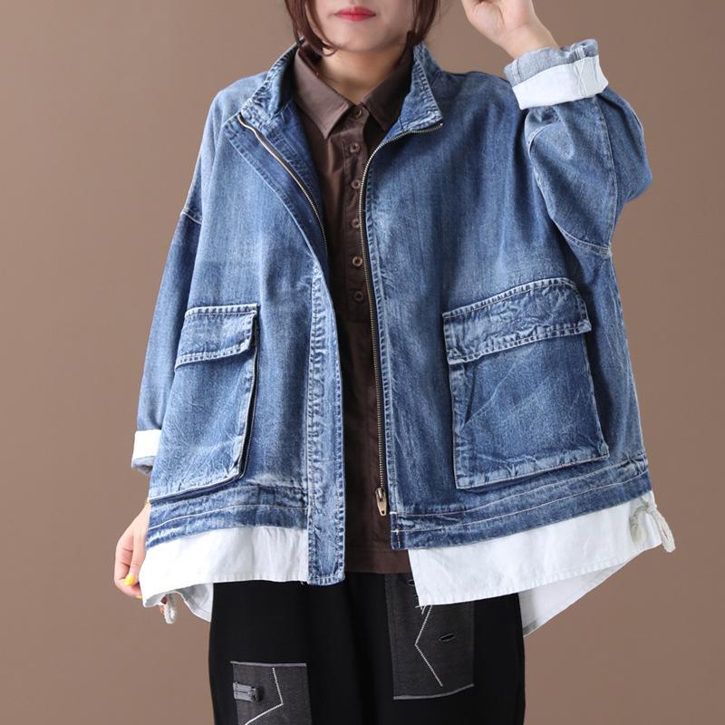 

Loose Large Size Literary Washable Fake two-piece Denim Zipper Short Trench Coat Denim Windbreaker Girls Student Streetwear Coat, Blue