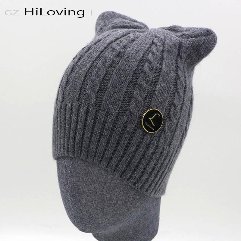 

2020 High Quality Wool Warm And Soft Beanies Hats For Women Cute Casual Winter Knitted Skullies Caps Hat With Cat Ears For Girls, Green