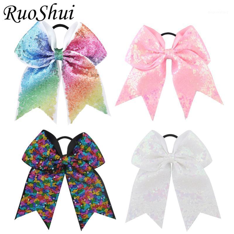 

7 Inch Sequin Cheerleading Hair Bow Glitter Grosgrain Ribbon Bows Elastic Band Ponytail Hair Holder For Girls/Women 2020 Newest1, 03 colorful
