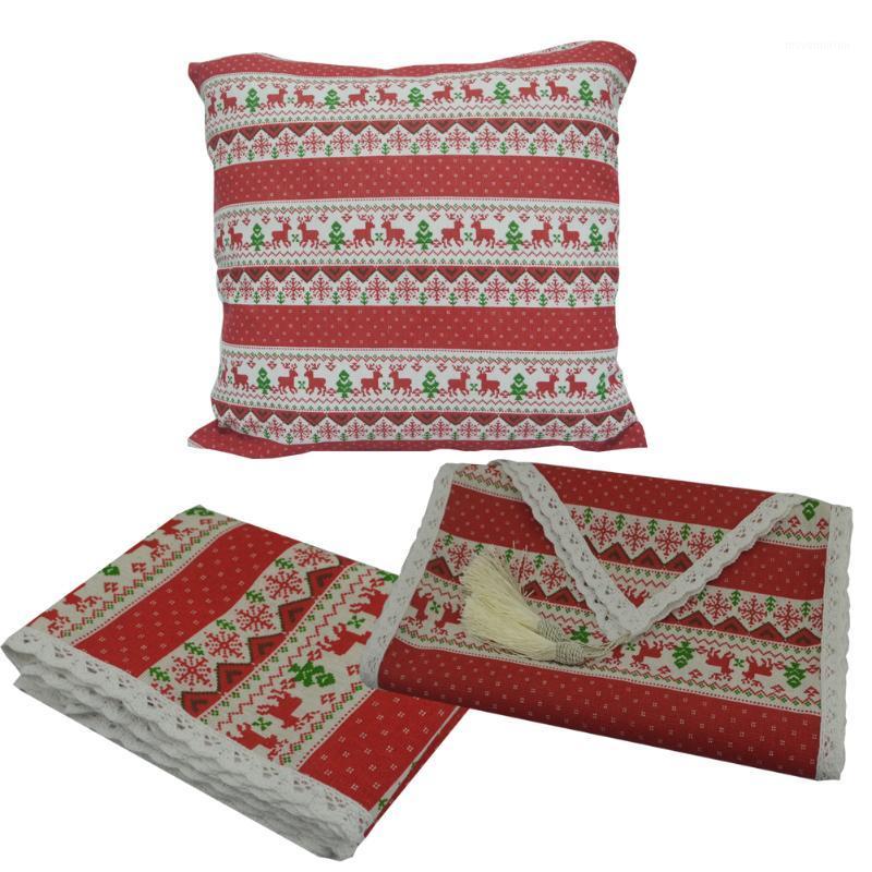 

Printed Elk Snowflake Cotton Linen Tablecloth Merry Christmas Lace Tassel Table Runner Cushion Cover Home party Decoration1, A111
