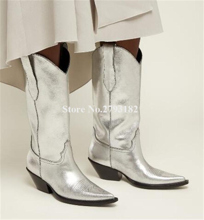 

Newest Western Pointed Toe Silver Leather Chunky Heel Knee High Boots Slip-on Thick Heel Long Boots Motorcycle, As picture