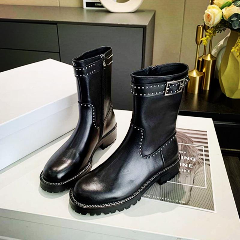 

Luxury Rivets Women Ankle Boots Black Genuine Leather Autumn Winter Boots ritish Wind Thick Short Ladies Combat Motorcycle, As show