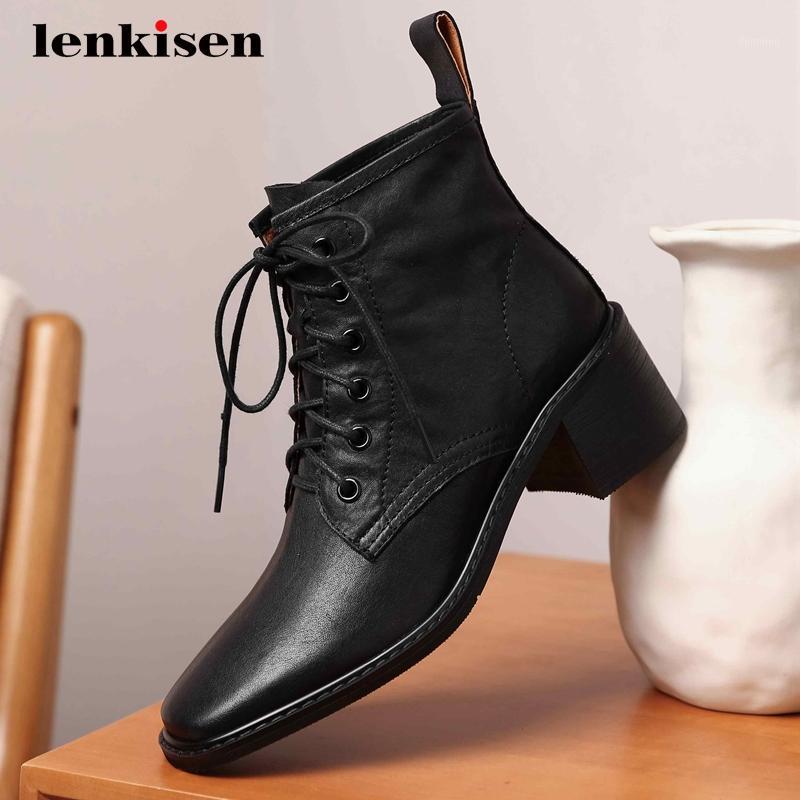 

Lenkisen work boots genuine leather gorgeous dating square toe thick high heel lace up office lady dress mature ankle boots L3f11, Black