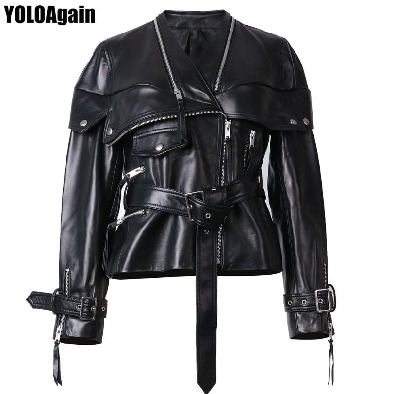

YOLOAgain Women V-neck Slim Black Genuine Leather Motorcycle Jacket, As shown