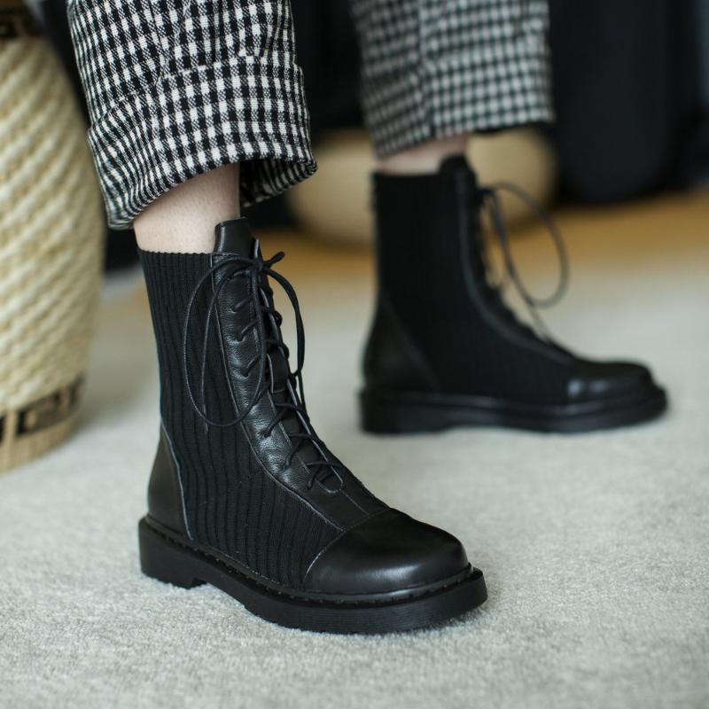 

SKLFGXZY 2020 New autumn/winter Genuine leather Women's boots boots Stretch cowhide Women's shoes, Black