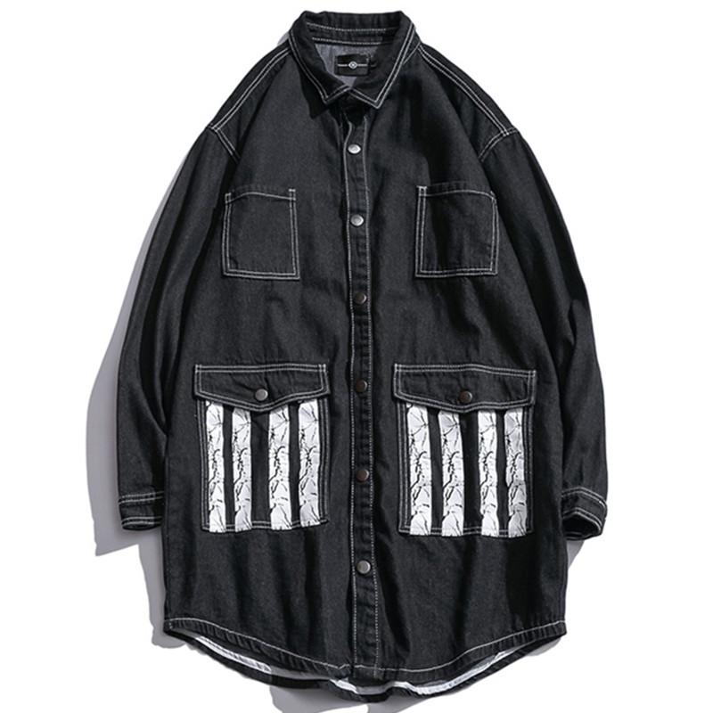 

Men's Spring Black Denim Washed Jacket Letter Print Loose Long Cowboy Handsome Plus Size Trench Coat Asian Size 5XL