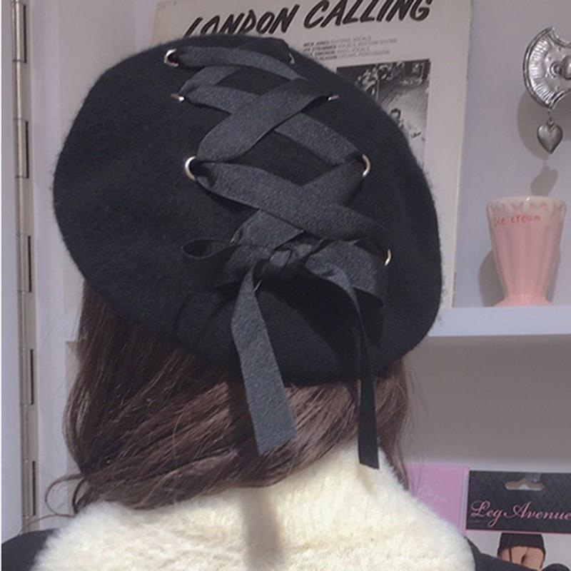 

Wool Beret for Women Fashion Apparel Accessories Vintage Lace-up Painting Cap Velvet Beanie Hat Women's Headwear, Red
