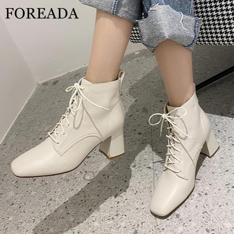 

FOREADA Real Leather High Heel Woman Boots Square Toe Ankle Boots Thick Heel Shoes Lace Up Short Female Autumn Beige 33-401