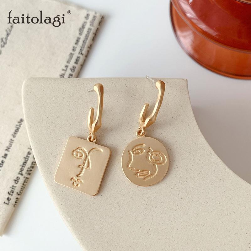 

Asymmetric Geometric Abstract Face Drop Earrings Gold Color MaRectangular Round Hanging Dangle Earrings Fashion Women Jewelry