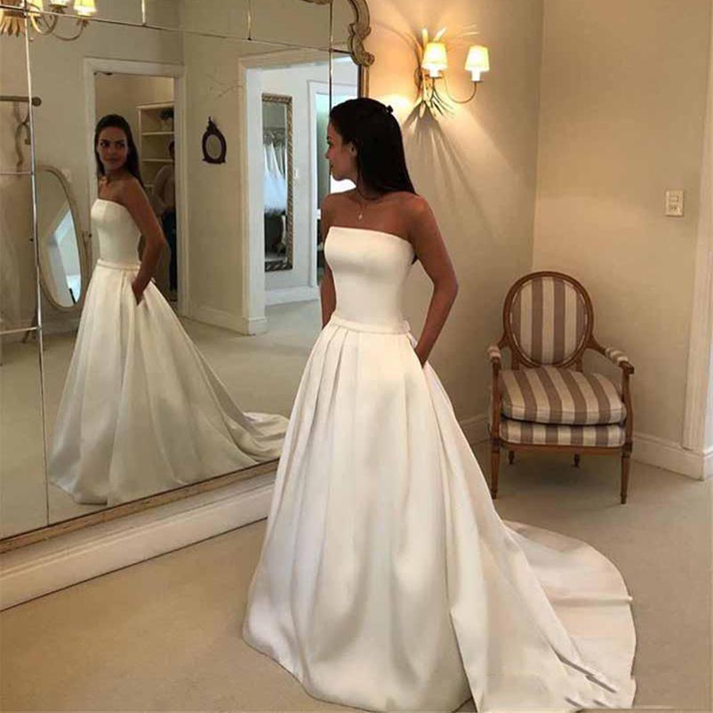 

Custom Made Strapless Wedding Dresses with Pockets Bowtie Court Train Satin A Line Wedding Bridal Gowns, White