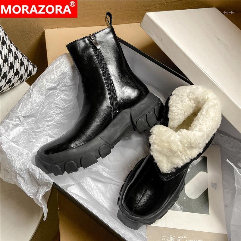 

MORAZORA 2021 Nature Wool Winter Boots Genuine Leather Snow Boots Comfortable Square Heels Round Toe Ankle For Woman1, Black