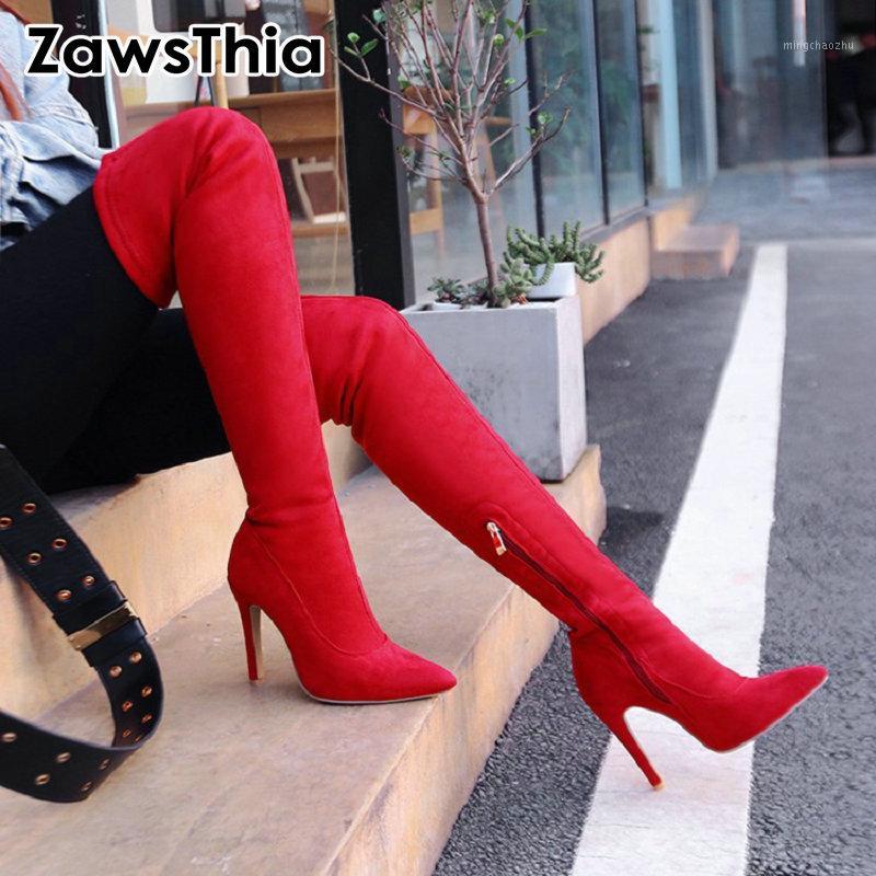

ZawsThia 2020 winter autumn sexy super thin high heels woman stretch booties pointed toe overknee boots thigh high boots women1, Black