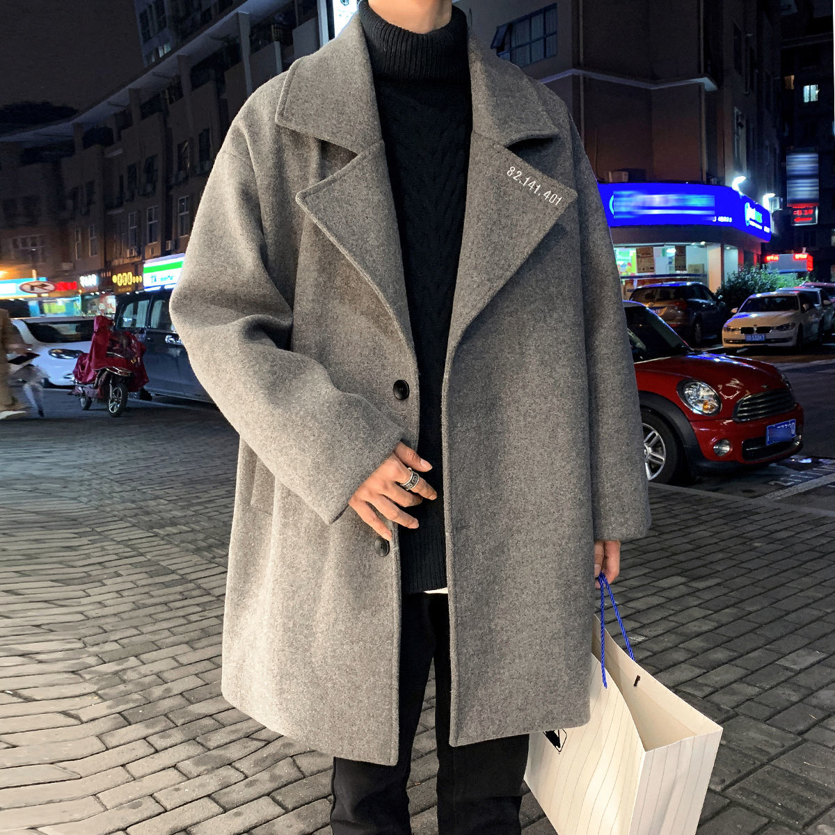 

Autumn 2021 Male Thin New Winter Embroidered Wool Coat Lapel Young Men's Clothes VI0N, Gray.