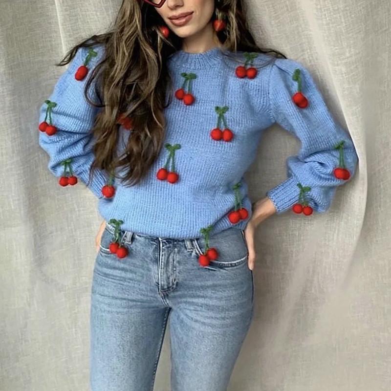 

Oloey 2020 Autumn Winter Knits Loungewear Mohair Pretty Cherry Sweater Pullovers Women O Neck Long Sleeve Knitted Sweater, Blue