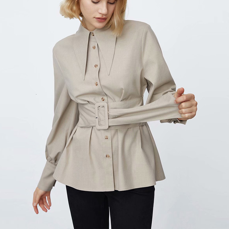 

2021 New Women Spring Autumn Lantern Sleeve Turn Down Collar Solid Office Lady Fashion Blet Tops Long Sleeves Outerwear 0rq0