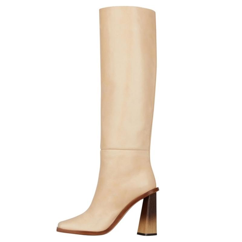 

Luxury Boots Concise London Style Square Toe Super Microfiber Leather Knee High Boots Handmade Special Design Retro High Heels, Black