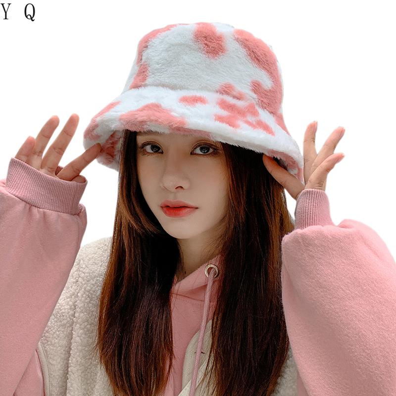 

2020 New Fashion Korean Pink Cow Print Bucket Hat Faux Fur Winter Hats For Women Warm Plush Fisherman Caps, Sm cow print