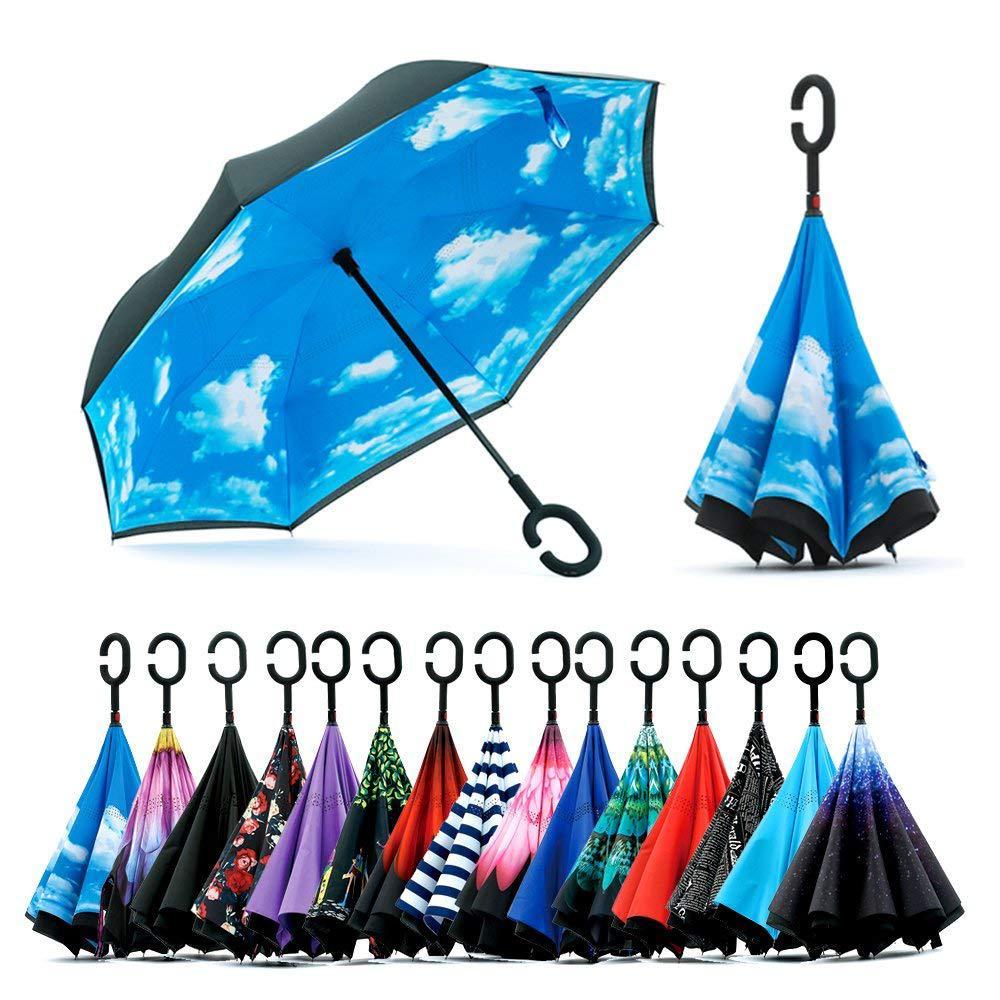 

16 design C-Hand Windproof Reverse Double Layer Inverted Umbrella Inside Out Self Stand Windproof Umbrella DH0145, Multicolor