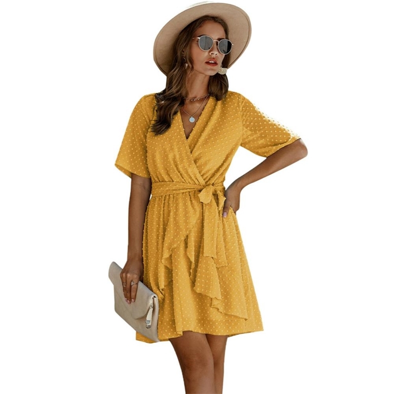 

2021 New Female v Neck Cross Belt Lace to Jagged Frown Pure Fashion Big Sleeve Short Summer Dress Line HM6J, Burgundy