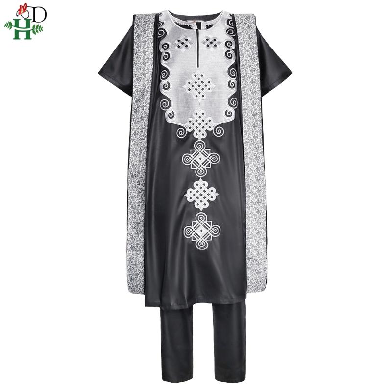

Ethnic Clothing H&D African Agbada For Men Robe Shirt Pants 3 PCS Set 2021 Dashiki Embroidery Ensemble Homme Wedding Fashion Attire