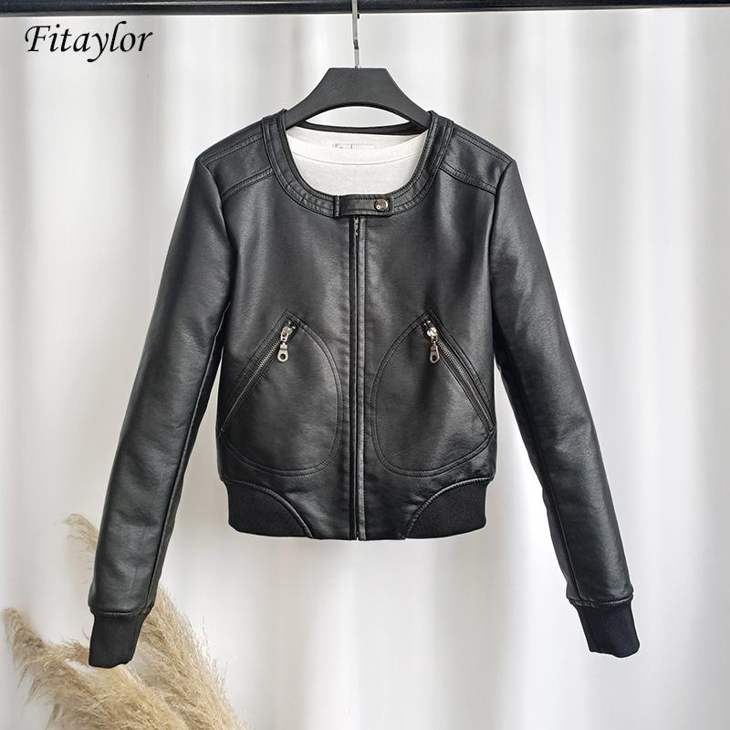 

Fitaylor Faux Leather Jacket Women O-neck Casual Biker Jackets Female Motorcycle Coat Plus Size 4XL Soft PU Basic Black Outwear