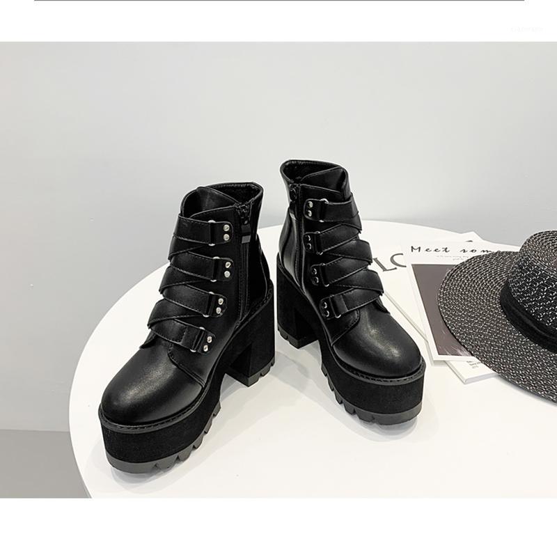 

Boussac Buckle Decoration Thick High Heel Boots Women Round Toe Black Punk Platform Boots Women Rivets Goth Shoes1