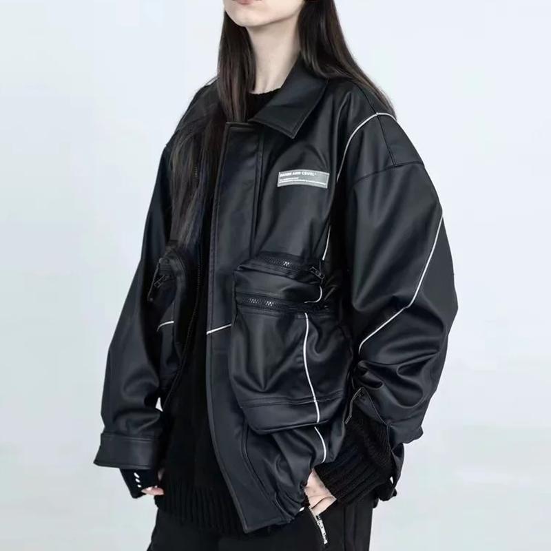 

Women Leather Jacket Safari Style Autumn Winter Oversize Loose Reflective Jacket Coat 2020, Black