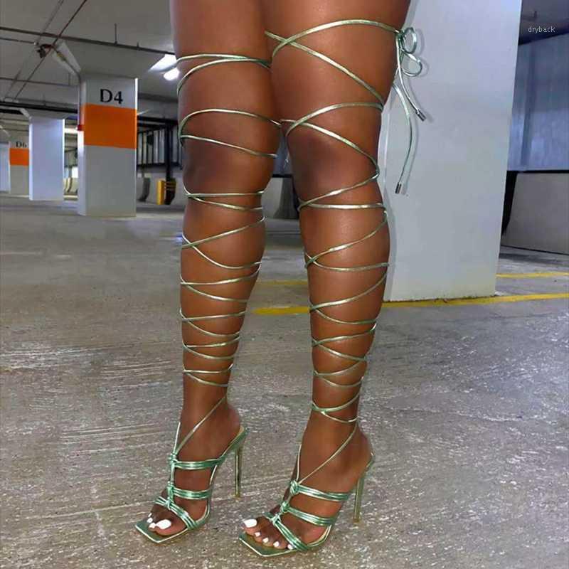 

T-tied Knot Lace Up Sexy Women Sandals Shoes Thigh High Summer Fashion Square Toe Thin High Heel Women Party Dress Shoes1, Green