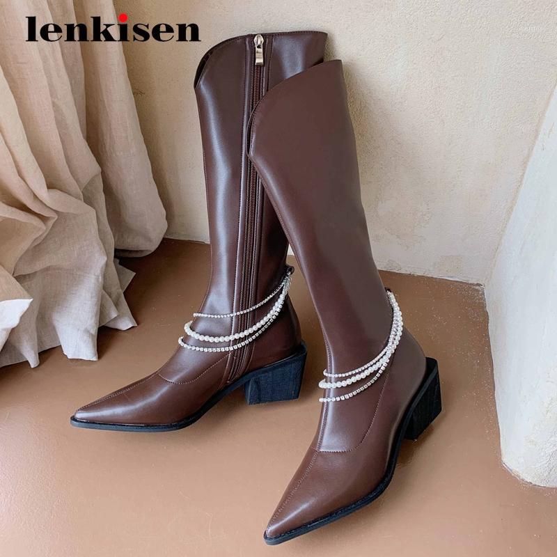 

Lenkisen equestrian boots gladiator microfiber beading decorations chains pointed toe thick high heel zipper knee high boots L611, Black