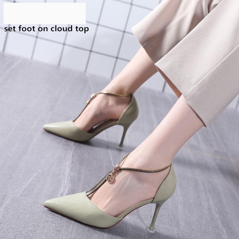 

2020 Spring Single Shoes Woman High Heels Women Pumps Pointed toe Girls Side Hollow out Shoe Front Zipper Green Beige Black