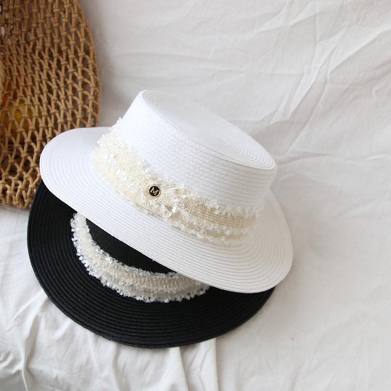 

Women And Ladies Straw Sun Hats Fashion Ribbon Sun Summer Hat For Girls Lady Handmade Flat Panama Beach Hat, Black