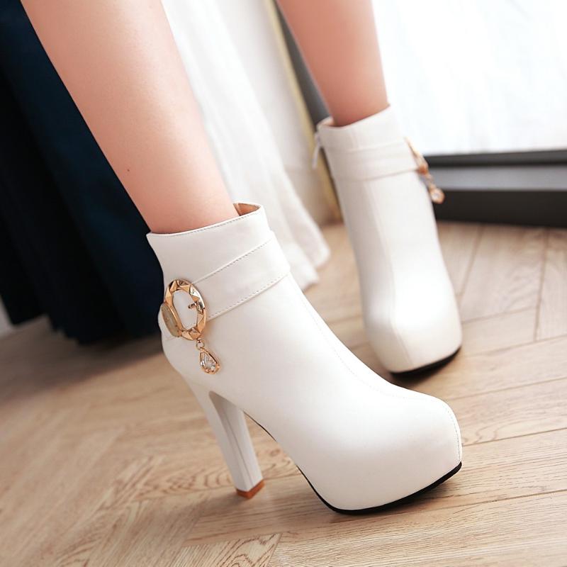 

Women's Fashion Side Zipper Ankle Boots Platform Thick High Heel 12 cm Ladies Boots Winter Woman Shoes 2 style Black boot, 1 beige