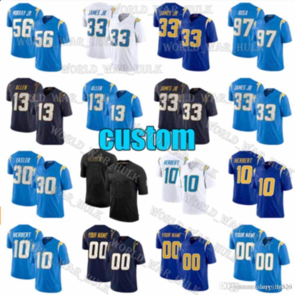 

Custom 55 Junior Seau Jersey 56 Kenneth Murray JR Los Angeles Mike Williams Melvin Ingram Chargers Justin Herbert Derwin James Keenan Allen, Blue;black