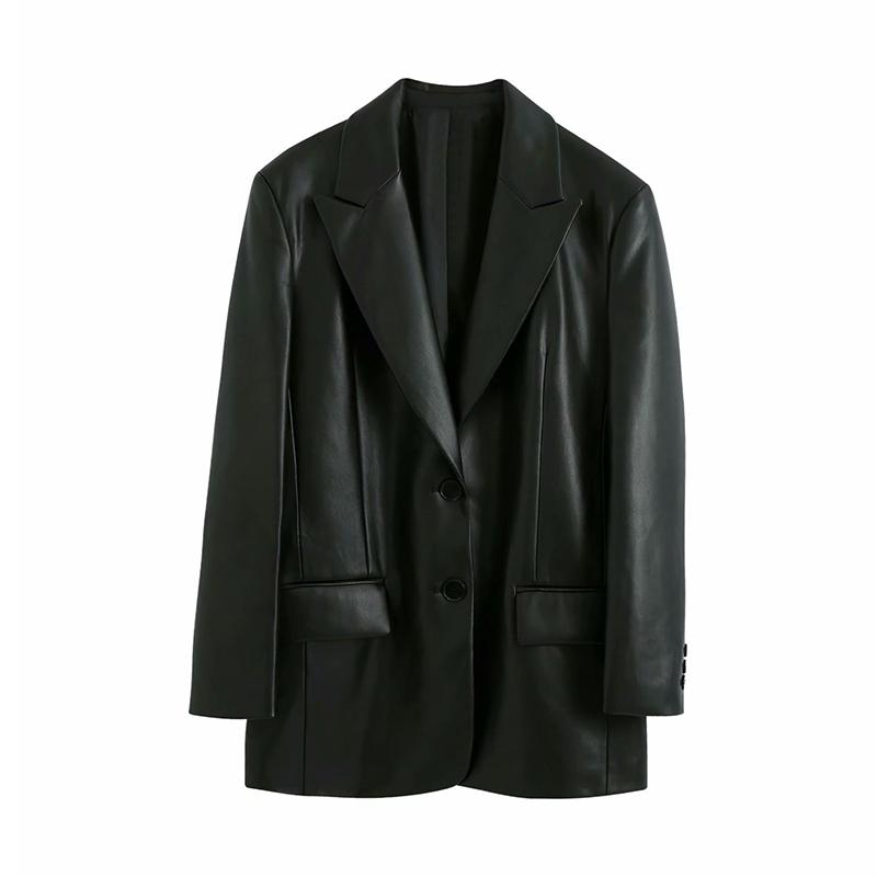 

Autumn European New Suit PU Leather Notched Single Breasted Long Sleeve Loose Casual Coats Woman Blazer Fashion Streetwear 2020, Black
