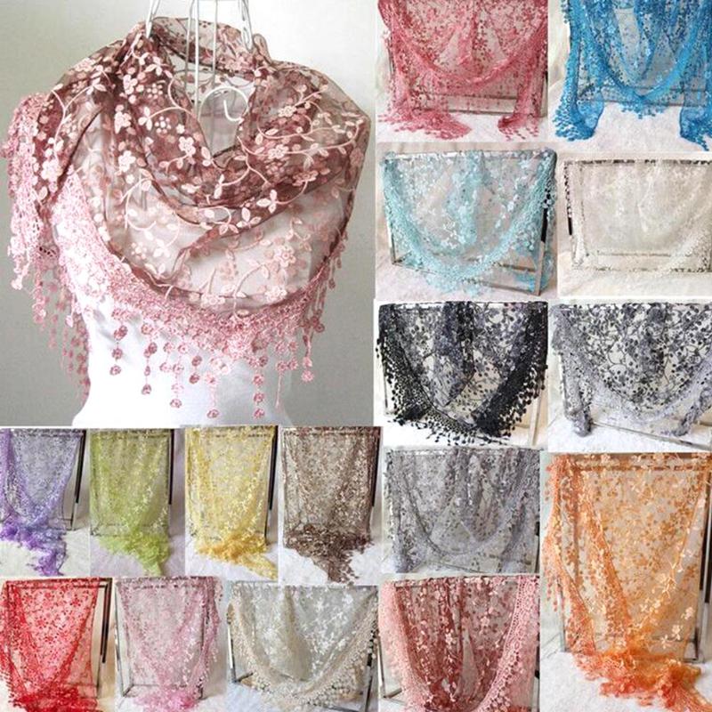 

Scarves 2021 Women Lace Sheer Floral Scarf Shawl Wrap Tassel Fashion Hollow Ladies Width Triangle Gift