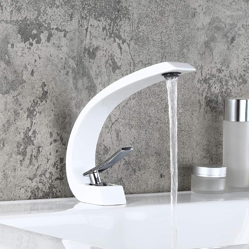 

1-Handle Single Hole Solid Brass Sink Faucet for Bathroom Curved Spout with Drain Assembly , Lavatory Mixer Tap Lead Free, White1