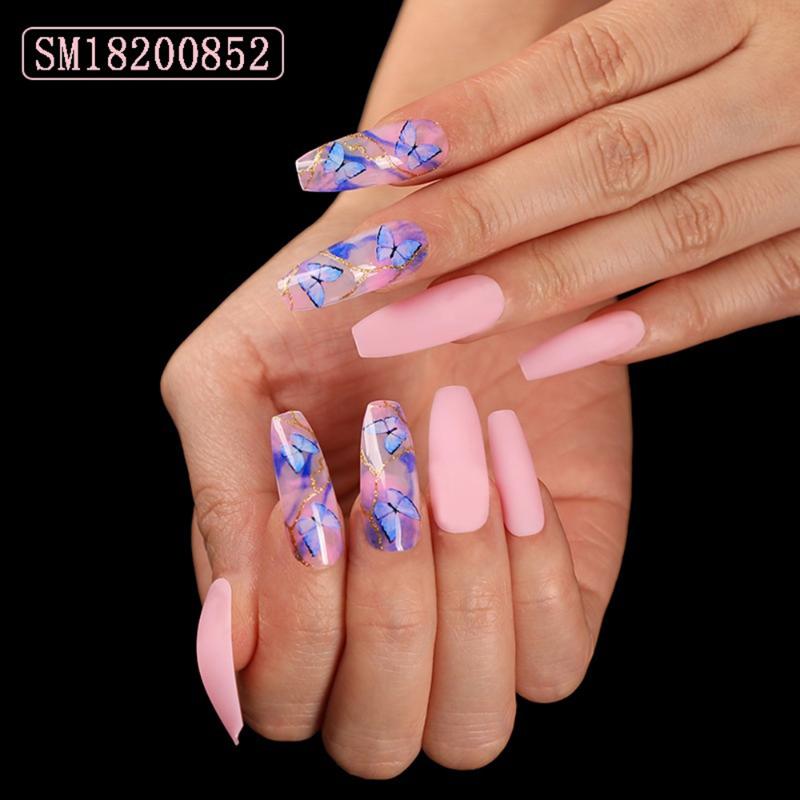 

24PCS Coffin Ballerina Fake Nail Butterfly Pattern Full Cover French Long Stiletto Press On Acrylic False Nails Extension Tool, Sm18200804
