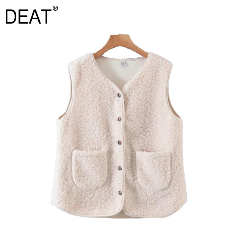 

DEAT] 2020 Winter New Fashion Single-breasted V-neck Solid Color Sleeveless Thickening Keep Warm Simplicity Women Vest 13U886, Beige