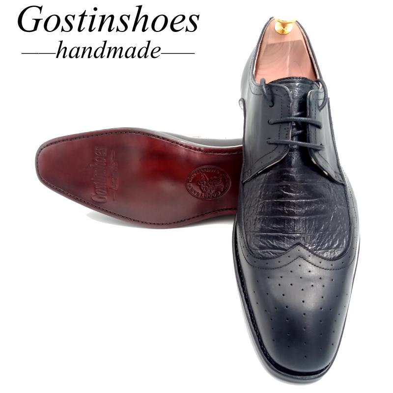 

SALE 44 Goodyear Handmade Men Formal Business Shoes Men Dress Shoes Black Cow Leather Ostrich Skin Lace-up Pointed Toe