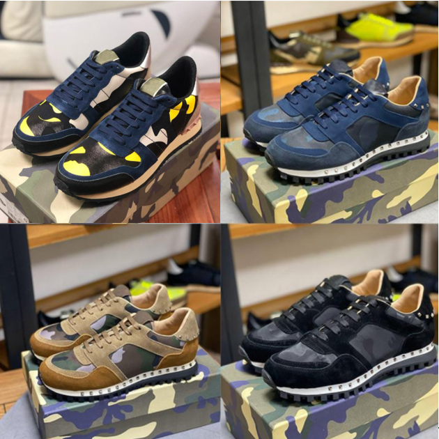 

2022 Designer Studded Shoes Camouflage Sneaker Mens Riveted Shoes Stud Flats Mesh Camo Suede Leather Breathable Casual Trainers Rockrunners With box